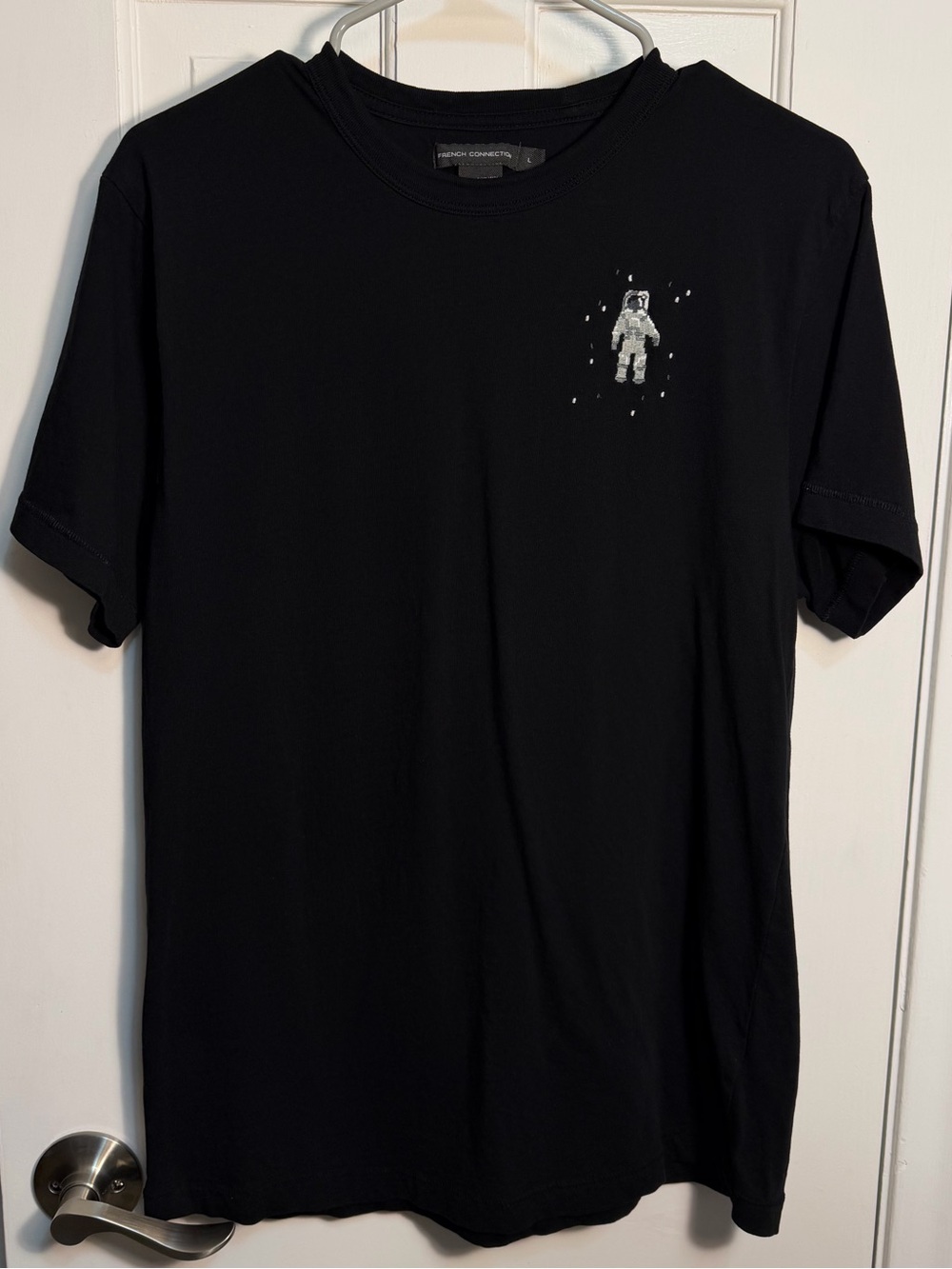 French Connection Black Short-Sleeve Tee with Astronaut Embroidered Motif Size L